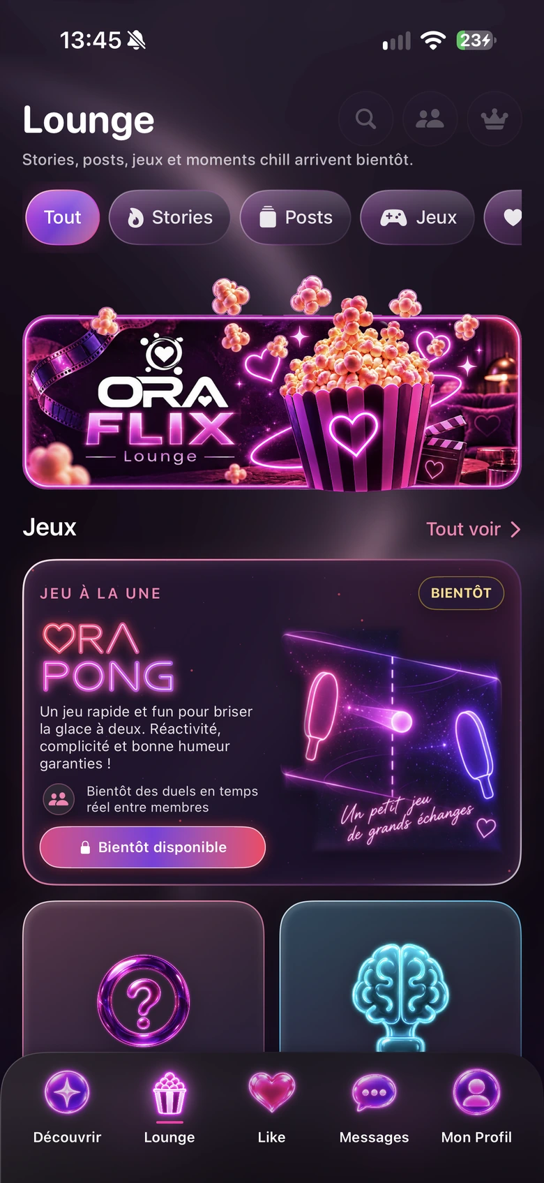 Capture de l’application ORA — Lounge