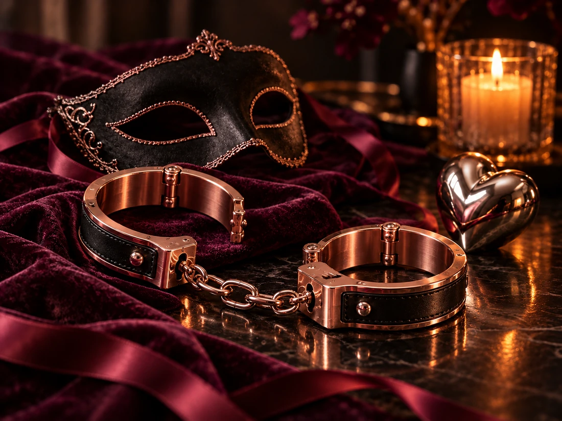 Menottes élégantes, masque noir et satin bordeaux à la lueur d’une bougie